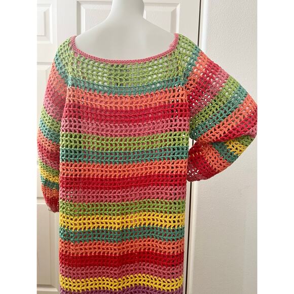 NWOT FARM RIO Striped Multicolor Crochet Dress beaded tassels Cover Up Large - Picture 10 of 16